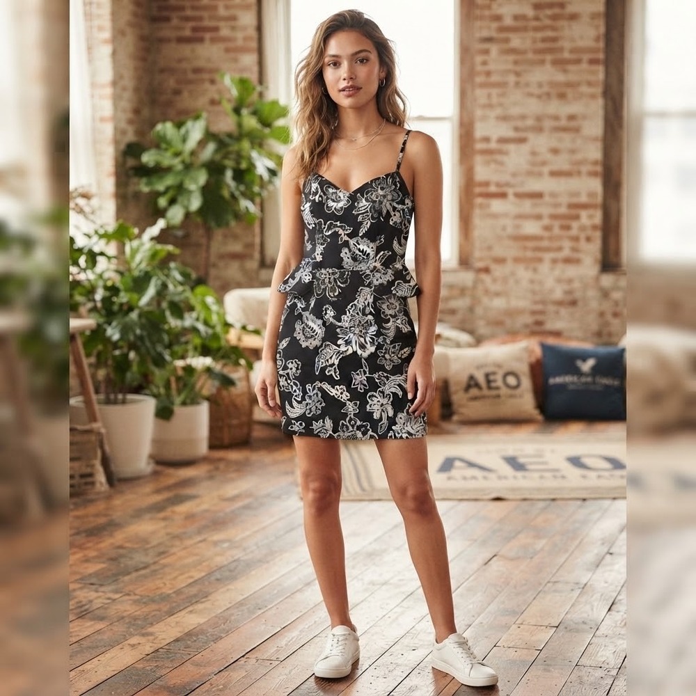 American Eagle Women's Size 10 Black and White Floral Strap Mini Dress